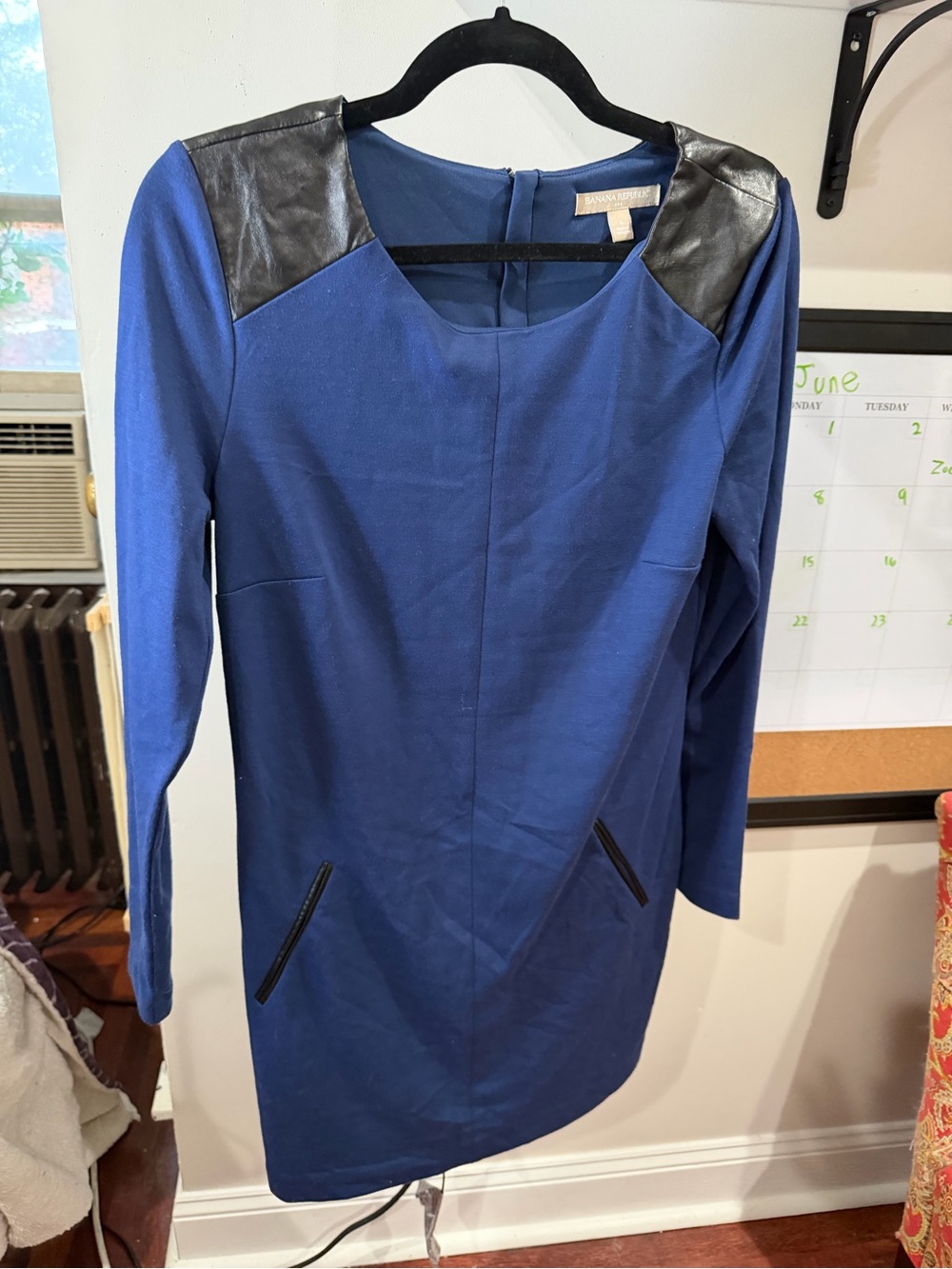 Banana Republic Royal Blue Long-Sleeve Dress with Black Faux Leather Accents